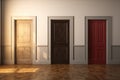 Front view of three doors. Generative AI Royalty Free Stock Photo
