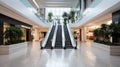 Front view of three Escalators inside a Shopping Mall very clear with a day light and some vegetation parts - AI generated