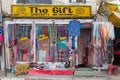 Front view of Tibetan shop clothes and souvenirs in Leh, Ladakh, India Royalty Free Stock Photo