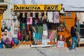 Front view of Tibetan shop clothes and souvenirs outside the tourist town of Leh, India.