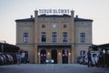 Front view of the Torun Main Station building in summer evening scenery