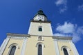 Front view of tower and windows of Church of Saint Stephen The King in Modra, western Slovakia