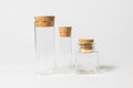 Front view of transparent empty glass jar or test tube bottles with closed brown cork cap lids on white background Royalty Free Stock Photo