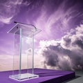 Front view of transparent podium with blank space in purple gradient cloudy sky background abstract content Royalty Free Stock Photo