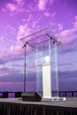 Front view of transparent podium with blank space in purple gradient cloudy sky background abstract content Royalty Free Stock Photo