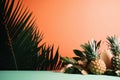 Front view of tropical pineapple fruits, palm leaves, pink background and empty space Royalty Free Stock Photo