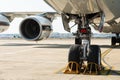 Front view of turbofan engine and nose landing gear Royalty Free Stock Photo