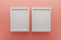 Front view of two empty white picture frames on coral colored wall, background coral, minimal design concept, 3D render Royalty Free Stock Photo