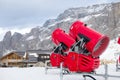 Front view of two snow cannons in alpine ski resort