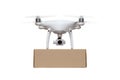 Front View of Unmanned Aircraft System UAS Quadcopter Drone Carrying Blank Package On White Royalty Free Stock Photo