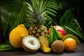 Front view with variety of fresh tropical fruits, palm leaves on the dark gradient background Royalty Free Stock Photo