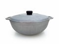 Front view of vintage aluminum saucepan with lid isolated. Old gray oval casserole on white background. Kitchen and restaurant Royalty Free Stock Photo