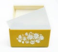 Front view of vintage 1970s yellow recipe box with blank recipe card Royalty Free Stock Photo