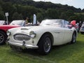 Front view of a vintage white Austin-Healey 3000 mark 2 1960s british sports car at hebden bridge vintage weekend Royalty Free Stock Photo