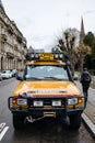 Front view of vintage yellow Land Rover Defender Royalty Free Stock Photo