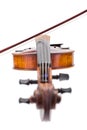Front view of a violin with bow on strings Royalty Free Stock Photo