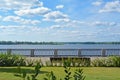 Front view on the Volga quay of the Samara. Green grass on city embankment