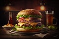 Front view of a well made double hamburger on a table at a restaurant