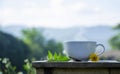 Front view of white ceramic cup of hot coffee on a rustic wooden table in natural background. Morning refreshment and drinks Royalty Free Stock Photo