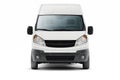 Front view of a white delivery van isolated on a white background, showcasing its windshield, headlights, bumper, and Royalty Free Stock Photo