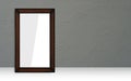 front view white and grey paper on brown wooden rectangular frame placed, grey cement wall background, object, decor, fashion, Royalty Free Stock Photo