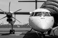 Front view of white modern turboprop airliner with close-up of pointed nose with cockpit windows, black six-bladed Royalty Free Stock Photo