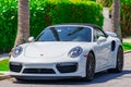 Front view white Porsche Turbo convertible Royalty Free Stock Photo