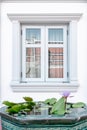 Front View of Window Vintage Styles With Exterior Decoration, Double Transparent Glass Windows and Architecture Facade Design.