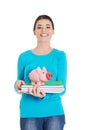 Front view woman with piggybank and notebooks
