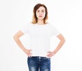 Front view woman in t shirt isolated on white background.Mock up for design. Copy space. Template. Blank