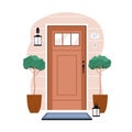 Front view of wood door outside of house. Closed building entrance exterior with glass, potted plants, lamp, number, rug