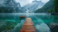 Front view of Wooden bridge and boat on the lake in the foggy mountain background AI generated Royalty Free Stock Photo