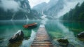 front view Wooden bridge and boat on the lake in the foggy mountain landscape AI generated Royalty Free Stock Photo