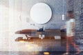 Double sink and mirror in concrete bathroom, woman Royalty Free Stock Photo