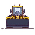 Front view of yellow bulldozer or wheel loader. Line style vector illustration. Construction vehicle and quarry machinery banner.