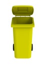 Front view of yellow garbage wheelie bin with a open lid on a white background