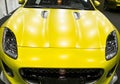 Front view of yellow matt Jaguar F-Type coupe S 2017. Car exterior details. Royalty Free Stock Photo