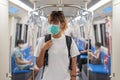 Front view of young Asian backpacker woman wear face mask travel to the city by subway or Skytrain, COVID-19 concept Royalty Free Stock Photo