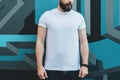 Front view. Young bearded hipster man dressed in white t-shirt is stands outdoor against wall with graffiti. Mock up. Royalty Free Stock Photo