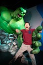 Incredible Hulk Front view Waxworks museum Madame tussauds teen boy posing with full sized model