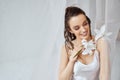 Portrait of girl posing with lily flower. Royalty Free Stock Photo