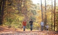 Front view of young family with small children and dog on a walk in autumn forest. Royalty Free Stock Photo