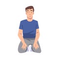 Front View of Young Man in Casual Clothes Sitting on Floor on his Knees Cartoon Vector Illustration Royalty Free Stock Photo