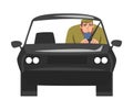 Front View of Young Man Riding Black Car, Male Driver Driving Vehicle Cartoon Vector Illustration Royalty Free Stock Photo