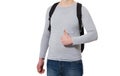 Front view. Young man wearing blank long sleeve t-shirt and backpack isolated on white background. Copy space. Advert Royalty Free Stock Photo