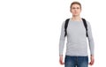 Front view. Young man wearing blank long sleeve t-shirt and backpack isolated on white background. Copy space. Mock up Royalty Free Stock Photo