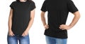 Front view of young woman and man in black t-shirts Royalty Free Stock Photo