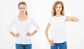 Front views set,collage pretty woman in tshirt and long sleeve shirt isolated on white background, template,mock up Royalty Free Stock Photo