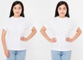 Front views of young asian, korean woman in stylish t-shirt on white background. Mock up for design. Copy space. Template. Bl Royalty Free Stock Photo