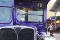 Front of the violet three-decker Knight Bus Warner Bros. Studios, London, UK , Making of Harry Potter Studio Tour